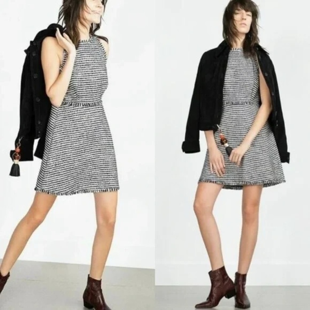 ZARA FRAYED FRINGED TWEED STRIPED FIT & FLARE SLEEVELESS TEXTURED DRESS XS